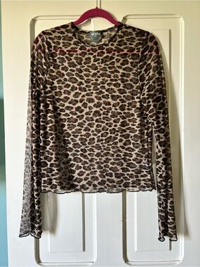 ARULA Brown Leopard Mesh Long Sleeve Top